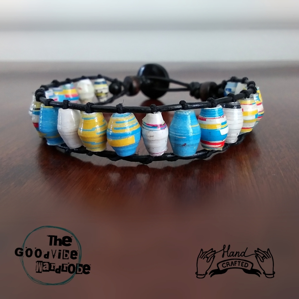 Ugandan Recycled Paper Beads/Hemp/Leather Bracelet